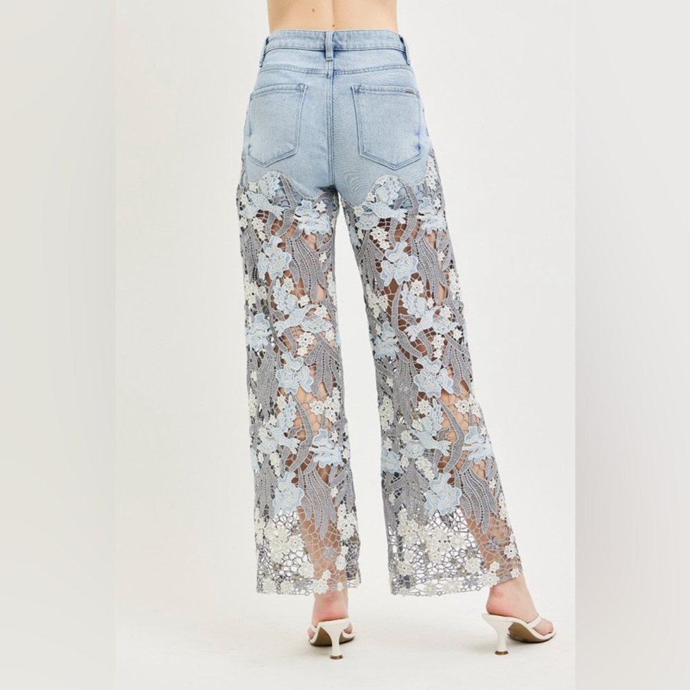 Floral denim lace crochet embellished high rise flare pants boho wide leg jeans - Picture 4 of 6